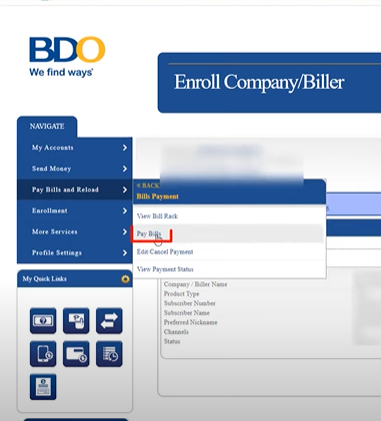 BDO Online Select Pay Bills and Reload