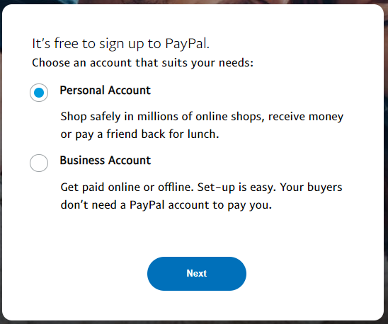 Choose Your Account Type in paypal Philippines
